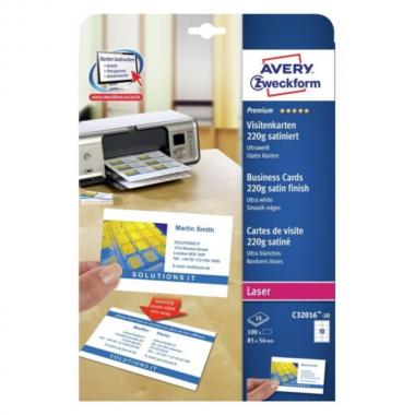 Заготовки для визиток Avery Zweckform, 85 х 54 мм, сатин, ультра белые, 10 шт на листе А4 (10 листов) [C32016-10]