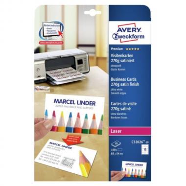 Заготовки для визиток Avery Zweckform, 85 х 54 мм, сатин, ультра белые, 10 шт на листе А4 (10 листов) [C32026-10]
