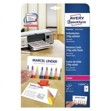 Заготовки для визиток Avery Zweckform, 85 х 54 мм, сатин, ультра белые, 10 шт на листе А4 (25 листов) [C32026-25]