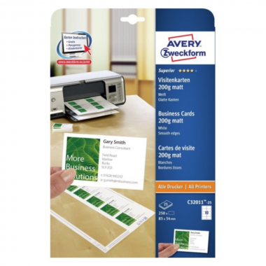 Заготовки для визиток Avery Zweckform, 85 х 54 мм, белые матовые, 10 шт на листе А4 (25 листов) [C32011-25]