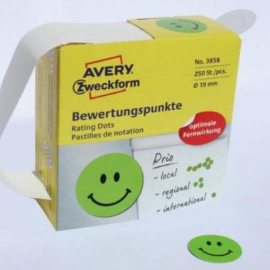 Этикетки-точки в диспенсере Avery Zweckform, Ø 19 мм, веселый смайлик, зеленый (250 шт) [3858]