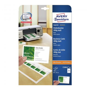 Заготовки для визиток Avery Zweckform, 85 х 54 мм, белые матовые, 10 шт на листе А4 (10 листов) [C32011-10]
