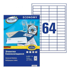 Этикетки самоклеящиеся Европа-100, белые, 48.5 х 16.9 мм, 64 этикетки на листе А4 (18 листов) [ELA050-18]