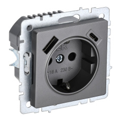 Розетка 1-местная IEK BRITE с заземлением со шторками 16А с USB A+C 18Вт РЮш11-1-БрС сталь [BR-R14-16-U22-018-K46]