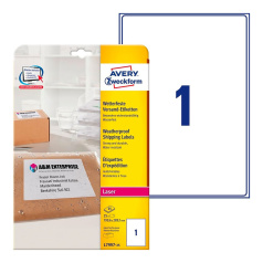 Всепогодные адресные этикетки Avery Zweckform, белые матовые, 199.6 x 289.1 мм, 1 этикетка на листе А4 (25 листов) [L7997-25]