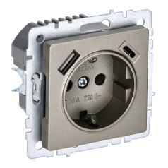 Розетка 1-местная IEK BRITE с заземлением со шторками 16А с USB A+C 18Вт РЮш11-1-БрШ шампань [BR-R14-16-U22-018-K37]