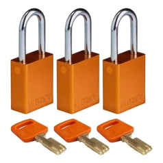 Замки алюминиевые Brady SafeKey со стальной дужкой, 38 мм, Ø 6.4 мм, система "Одинаковые ключи", оранжевые, 3 шт [gws150305]
