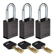 Замки алюминиевые Brady SafeKey со стальной дужкой, 38 мм, Ø 6.4 мм, система "Одинаковые ключи", черные, 3 шт [gws150349]