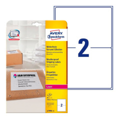 Всепогодные адресные этикетки Avery Zweckform, белые матовые, 199.6 x 143.5 мм, 2 этикетки на листе А4 (25 листов) [L7996-25]