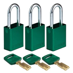 Замки алюминиевые Brady SafeKey со стальной дужкой, 38 мм, Ø 6.4 мм, система "Одинаковые ключи", зеленые, 3 шт [gws150281]