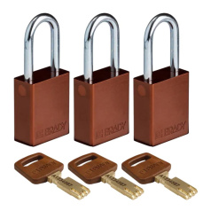 Замки алюминиевые Brady SafeKey со стальной дужкой, 38 мм, Ø 6.4 мм, система "Одинаковые ключи", коричневые, 3 шт [gws150260]
