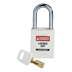Замки SafeKey нейлоновые Brady, стальные дужки, 38 мм, Ø 6.4 мм, система "Одинаковые ключи", белые, 3 шт [gws150340]