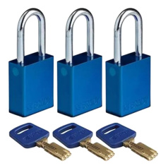 Замки алюминиевые Brady SafeKey со стальной дужкой, 38 мм, Ø 6.4 мм, система "Одинаковые ключи", синие, 3 шт [gws150261]