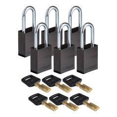 Замки алюминиевые Brady SafeKey со стальной дужкой, 38 мм, Ø 6.4 мм, черные, 6 шт [gws150240]