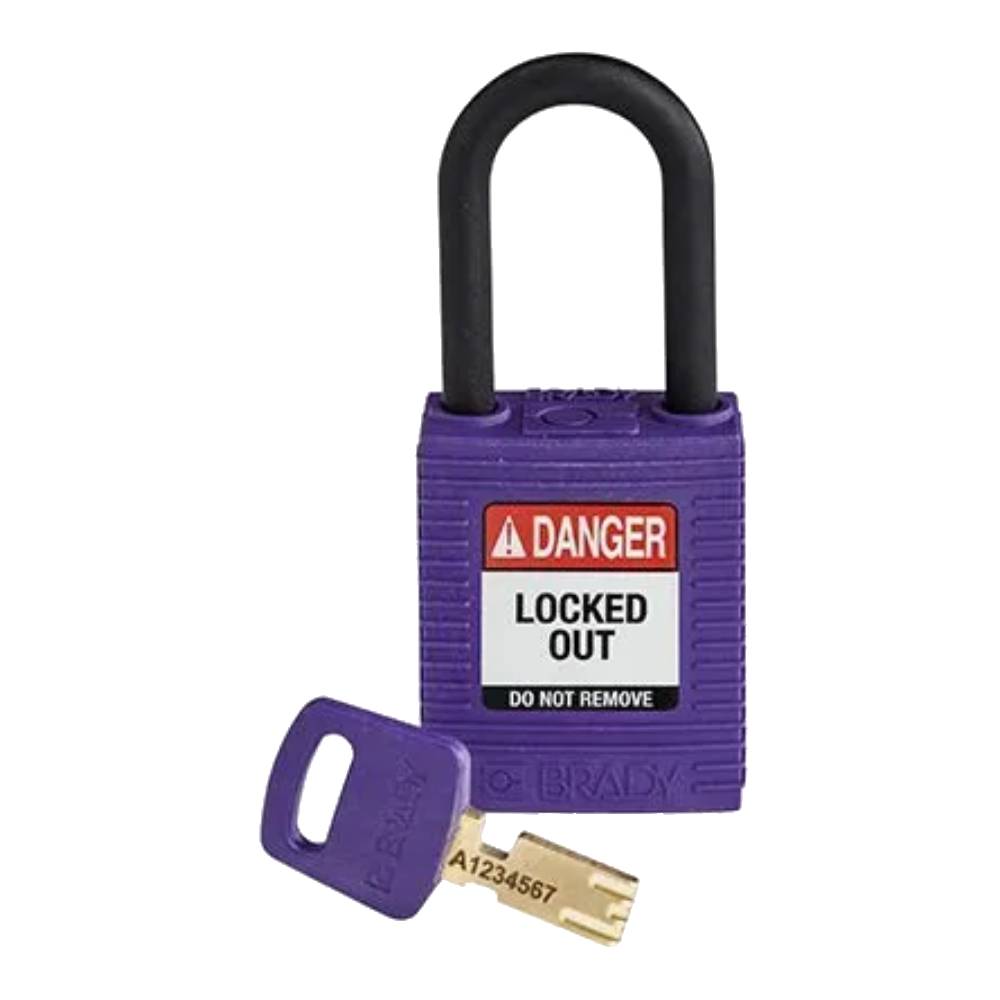 Замки SafeKey нейлоновый Brady, пластиковая дужка, 38 мм, Ø 6.4 мм, система &quot;Одинаковые ключи&quot;, фиолетовый, 3 шт [gws150353]