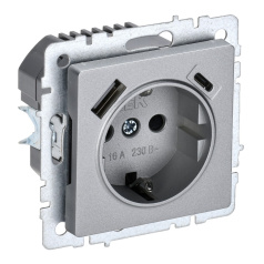 Розетка 1-местная IEK BRITE с заземлением со шторками 16А с USB A+C 18Вт РЮш11-1-БрА алюминий [BR-R14-16-U22-018-K47]