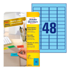 Удаляемые этикетки Avery Zweckform, голубые, 45.7 x 21.2 мм, 48 этикеток на листе А4 (20 листов) [L6039-20]