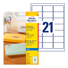 Адресные этикетки Avery Zweckform, прозрачные, 63.5 x 38.1 мм, 21 этикетка на листе А4 (25 листов) [J8560-25]