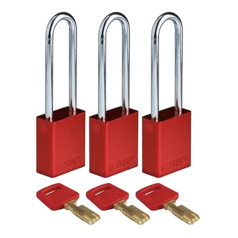 Замки алюминиевые Brady SafeKey со стальной дужкой, 76 мм, Ø 6.4 мм, система "Одинаковые ключи", красные, 3 шт [gws150218]