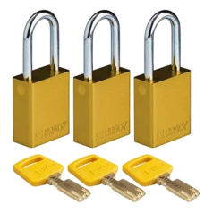 Замки алюминиевые Brady SafeKey со стальной дужкой, 38 мм, Ø 6.4 мм, система "Одинаковые ключи", желтые, 3 шт [gws150282]
