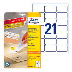 Удаляемые этикетки Avery Zweckform, белые, 63.5 x 38.1 мм, 21 этикетка на листе А4 (25 листов) [L6023REV-25]