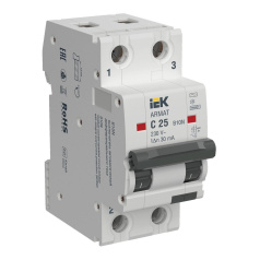 Автоматический выключатель дифференциального тока IEK ARMAT АВДТ B10N 2P C25 30мА, тип AC [AR-B10N-2-C025C030]