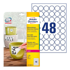 Всепогодные удаляемые этикетки Avery Zweckform, белые матовые, круглые Ø 30 мм, 48 этикеток на листе А4 (20 листов) [L4716REV-20]