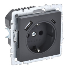 Розетка 1-местная IEK BRITE с заземлением со шторками 16А с USB A+C 18Вт РЮш11-1-БрГ графит [BR-R14-16-U22-018-K53]