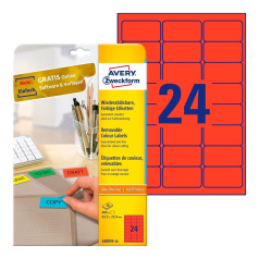 Удаляемые этикетки Avery Zweckform, красные, 63.5 x 33.9 мм, 24 этикетки на листе А4 (20 листов) [L6034-20]