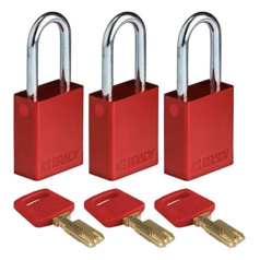 Замки алюминиевые Brady SafeKey со стальной дужкой, 38 мм, Ø 6.4 мм, система "Одинаковые ключи", красные, 3 шт [gws150262]