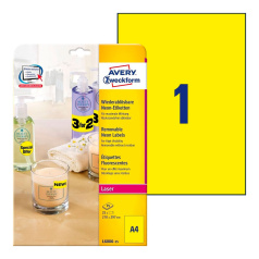 Неоновые этикетки Avery Zweckform, желтый, 210 x 297 мм, 1 этикетка на листе А4 (25 листов) [L6006-25]