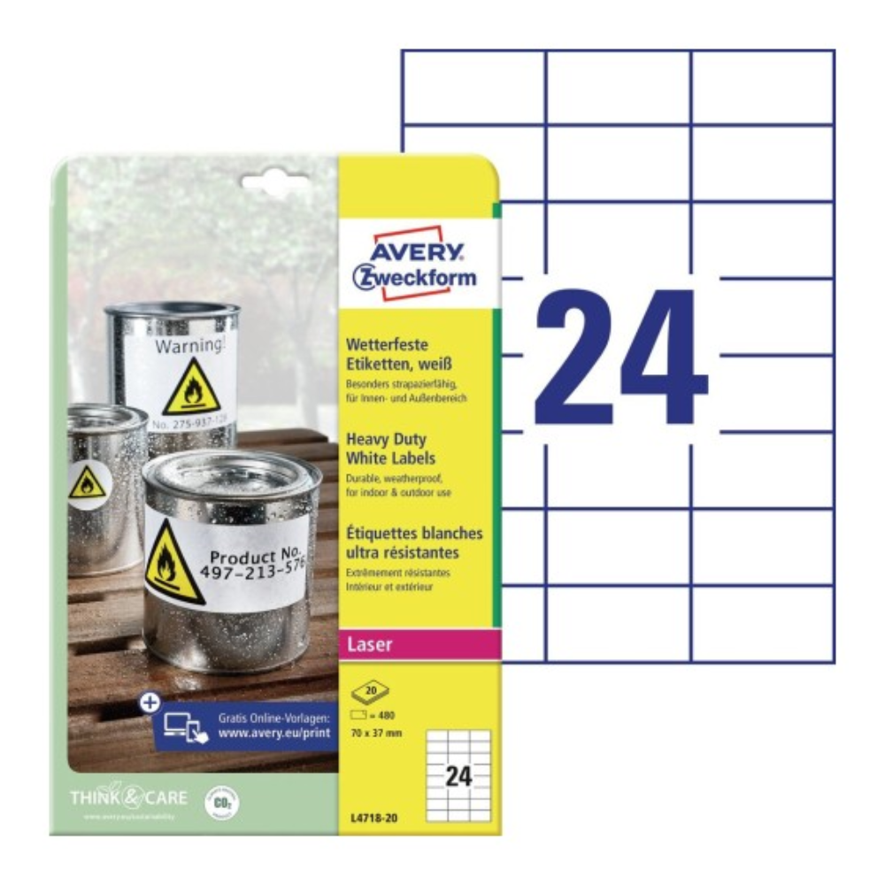 Всепогодные пленочные этикетки Avery Zweckform, белые матовые, 70 х 37 мм, 24 этикетки на листе А4 (20 листов) [L4718-20]