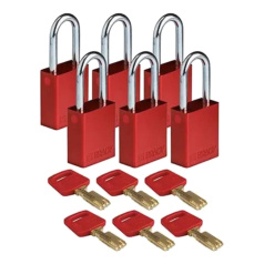 Замки алюминиевые Brady SafeKey со стальной дужкой, 38 мм, Ø 6.4 мм, красные, 6 шт [gws150303]