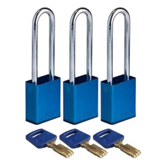 Замки алюминиевые Brady SafeKey со стальной дужкой, 76 мм, Ø 6.4 мм, система "Одинаковые ключи", синие, 3 шт [gws150277]