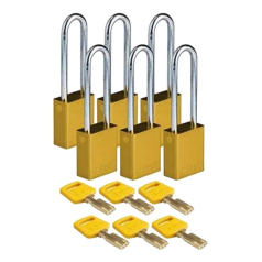 Замки алюминиевые Brady SafeKey со стальной дужкой, 76 мм, Ø 6.4 мм, желтые, 6 шт [gws150345]