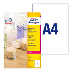 Этикетки Avery Zweckform, прозрачные, 210 x 297 мм, 1 этикетка на листе А4 (25 листов) [L7784-25]