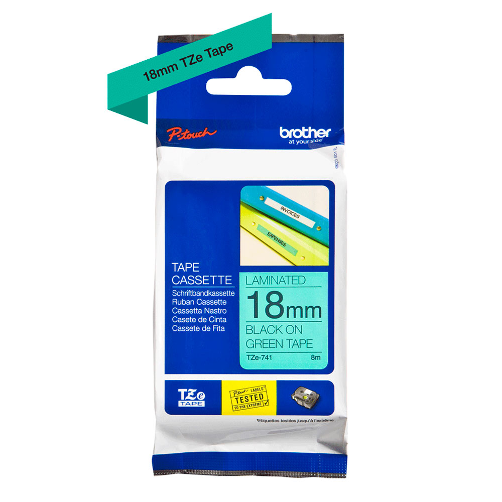 Картридж Brother TZe-741, 18 мм, черный на зеленом [TZe741]