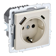 Розетка 1-местная IEK BRITE с заземлением со шторками 16А с USB A+C 18Вт РЮш11-1-БрКр бежевый [BR-R14-16-U22-018-K10]