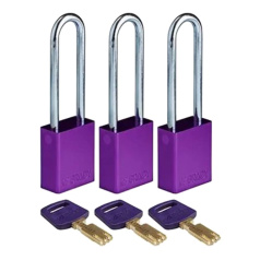 Замки алюминиевые Brady SafeKey со стальной дужкой, 76 мм, Ø 6.4 мм, система "Одинаковые ключи", фиолетовые, 3 шт [gws150300]