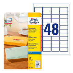 Адресные этикетки Avery Zweckform, прозрачные, 45.7 x 21.2 мм, 48 этикеток на листе А4 (25 листов) [J4720-25]