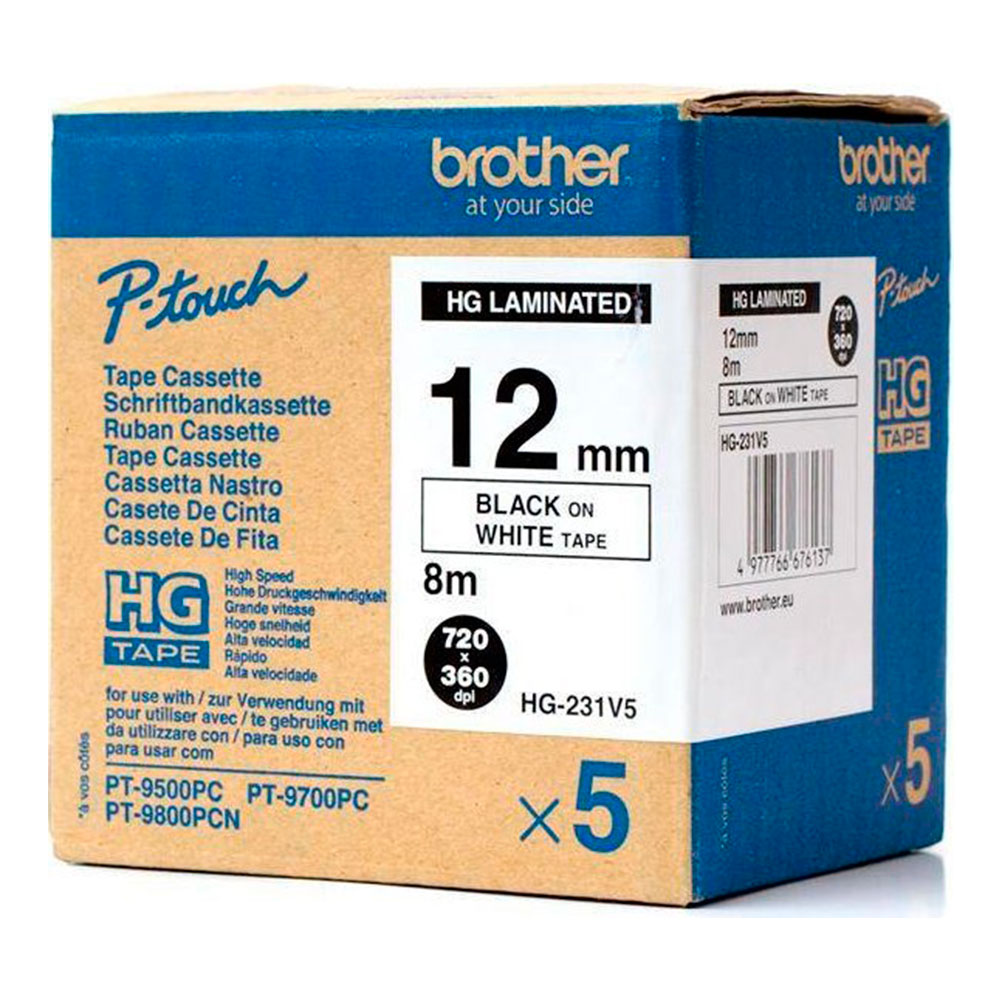 Набор лент Brother HGe-231V5, 12 мм, черный на белом (5 лент по 8 м) [HGe231V5]