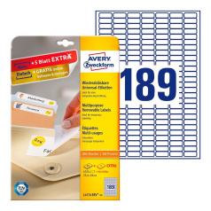 Удаляемые этикетки Avery Zweckform, белые, 25.4 x 10 мм, 189 этикеток на листе А4 (25 листов) [L4731REV-25]