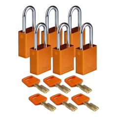Замки алюминиевые Brady SafeKey со стальной дужкой, 38 мм, Ø 6.4 мм, оранжевые, 6 шт [gws150326]
