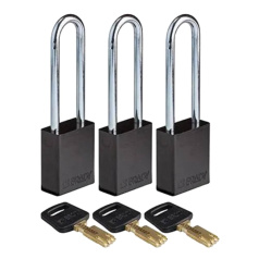 Замки алюминиевые Brady SafeKey со стальной дужкой, 76 мм, Ø 6.4 мм, система "Одинаковые ключи", черные, 3 шт [gws150217]