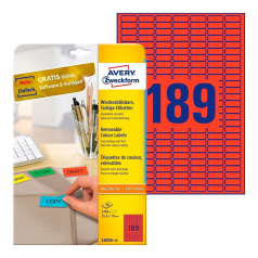 Удаляемые этикетки Avery Zweckform, красные, 25.4 x 10 мм, 189 этикеток на листе А4 (20 листов) [L6036-20]