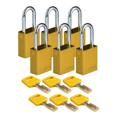 Замок алюминиевый Brady SafeKey со стальной дужкой, 38 мм, Ø 6.4 мм, желтые, 6 шт [gws150219]