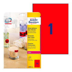 Неоновые этикетки Avery Zweckform, красный, 210 x 297 мм, 1 этикетка на листе А4 (25 листов) [L6005-25]