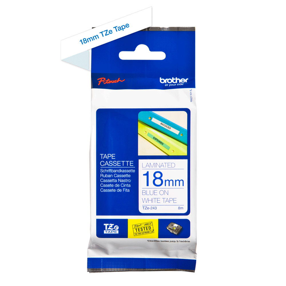 Картридж Brother TZe-243, 18 мм, синий на белом [TZe243]