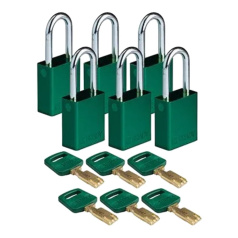 Замки алюминиевые Brady SafeKey со стальной дужкой, 38 мм, Ø 6.4 мм, зеленые, 6 шт [gws150256]