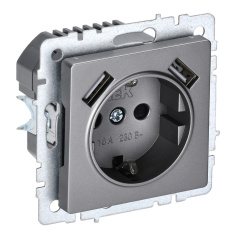 Розетка 1-местная IEK BRITE с заземлением со шторками 16А с USB A+A 5В 3,1А РЮш10-2-БрС сталь [BR-R14-16-U21-D31-K46]
